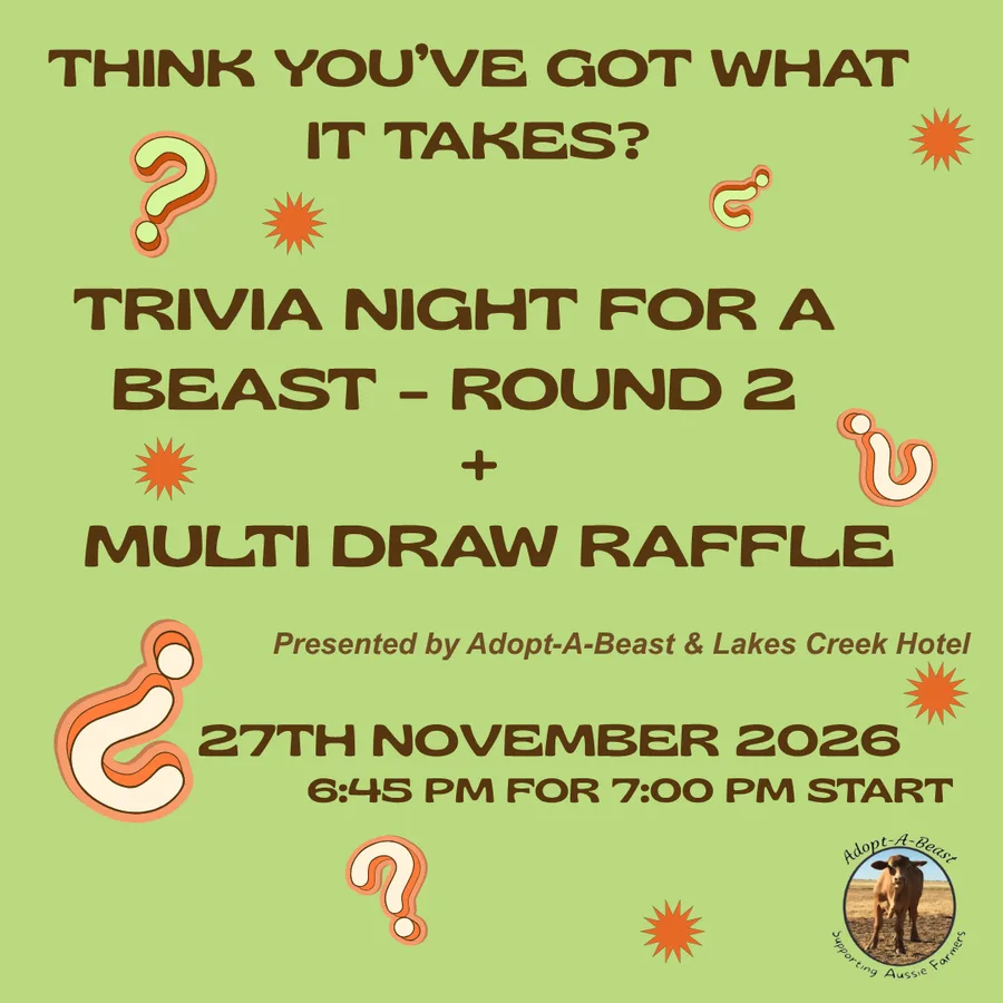 Trivia Night for a Beast, Round 2, plus multi draw raffle. 27 November 2026, 6:45pm for 7pm start, Lakes Creek Hotel.